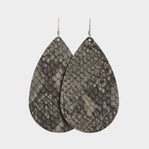 Nickel and Suede Large Teardrop Leather Earrings Dark Grey Python